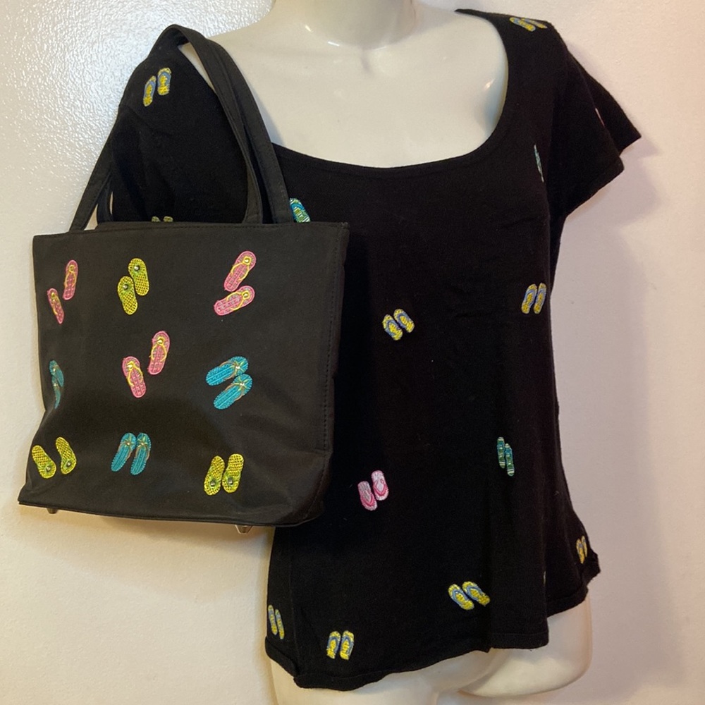 Bundle: Black Short Sleeve Sweater with Embroidered Flip Flop Pattern and Purse.
